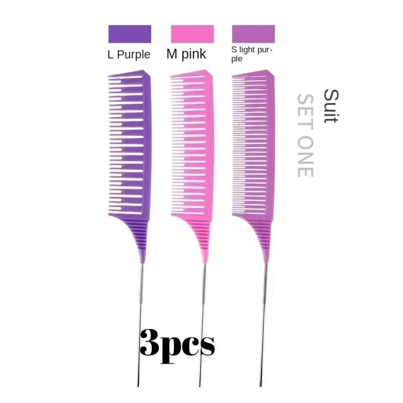 

3pcs Steel Needle Tip Anti-Slip Comb - Threaded Plastic Hair Dyeing Tool, Heat-Resistant Professional Salon Coloring Comb