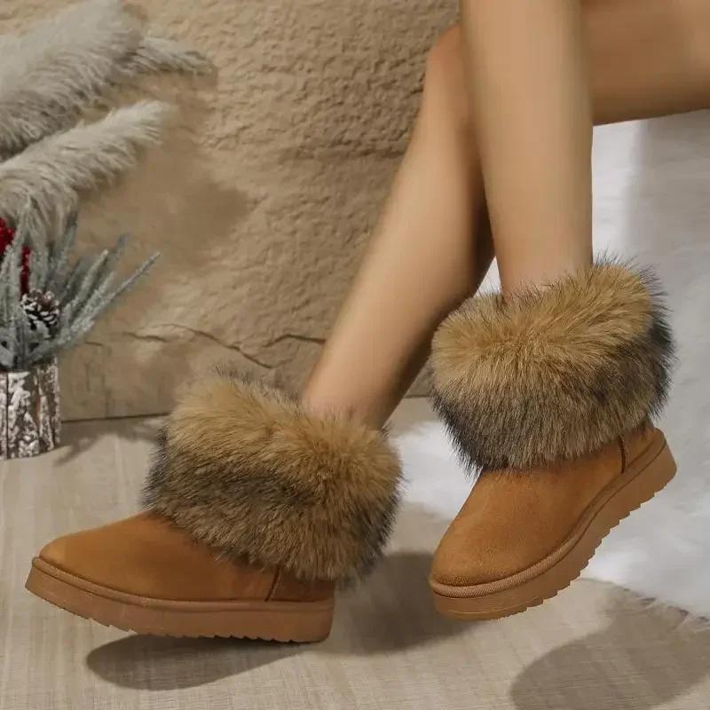 Fashion Luxury Long Plush Decoration Snow Boots Women Non Slip Soft Cotton Shoes Women 2025 Thicken Warm Faux Fur Ankle Boots Plus Size