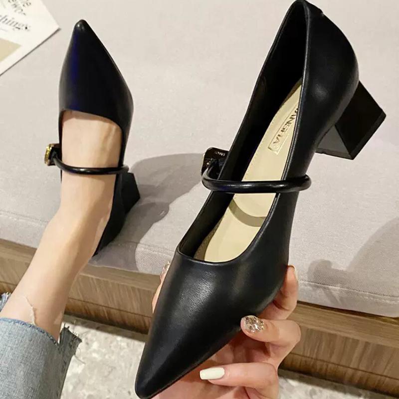 

Модные женские туфли Мэри Джейн на среднем каблуке с острым носком, женские осенние туфли в стиле ретро с неглубокой подошвой, женские модные элегантные туфли-лодочки на квадратном каблуке 2024 года 35 чёрный