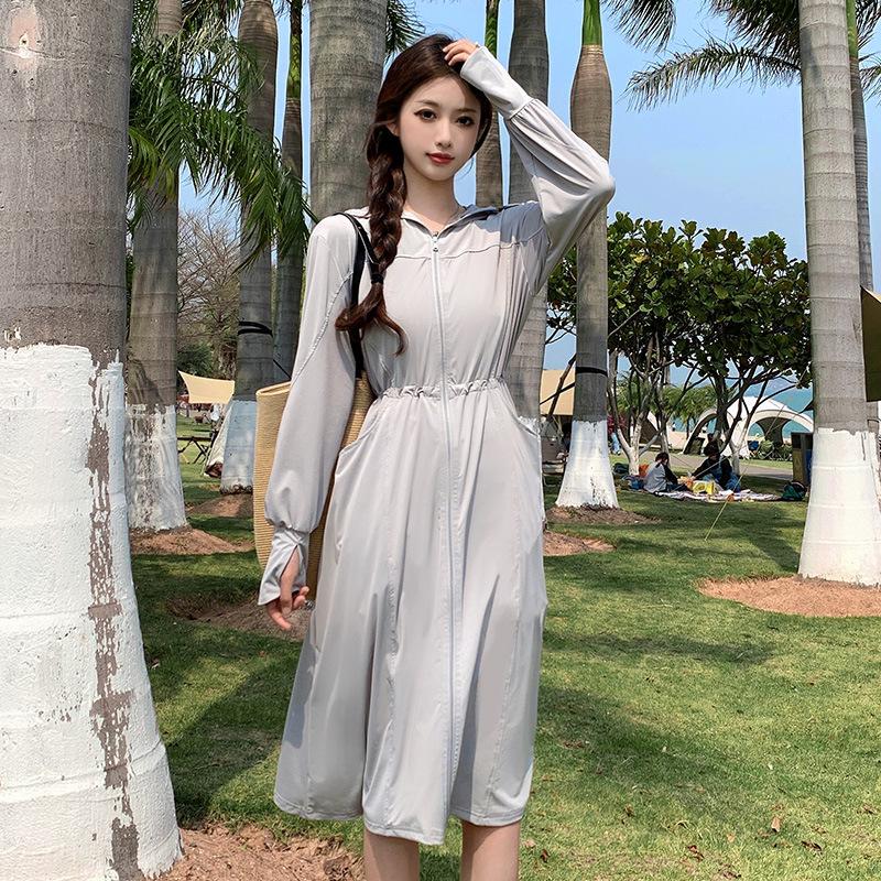 1011 New Ice Silk Sunscreen Clothing Women's Robe Sunscreen Clothing Waist Original Yarn Long Dress Outdoor UV Protection Dress
