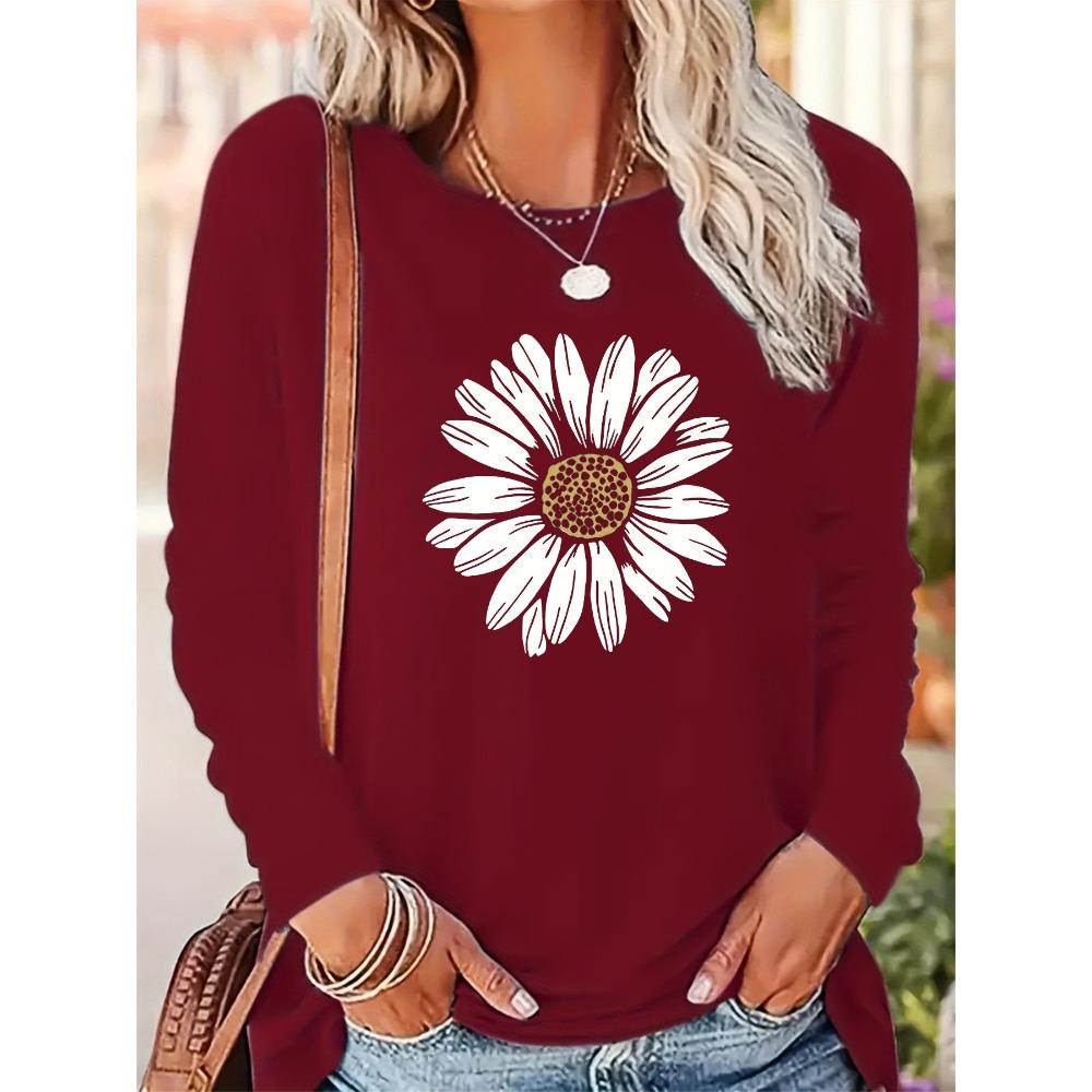 

Женская модная повседневная футболка с длинным рукавом и круглым вырезом с принтом подсолнухов для осени и зимы 5XL