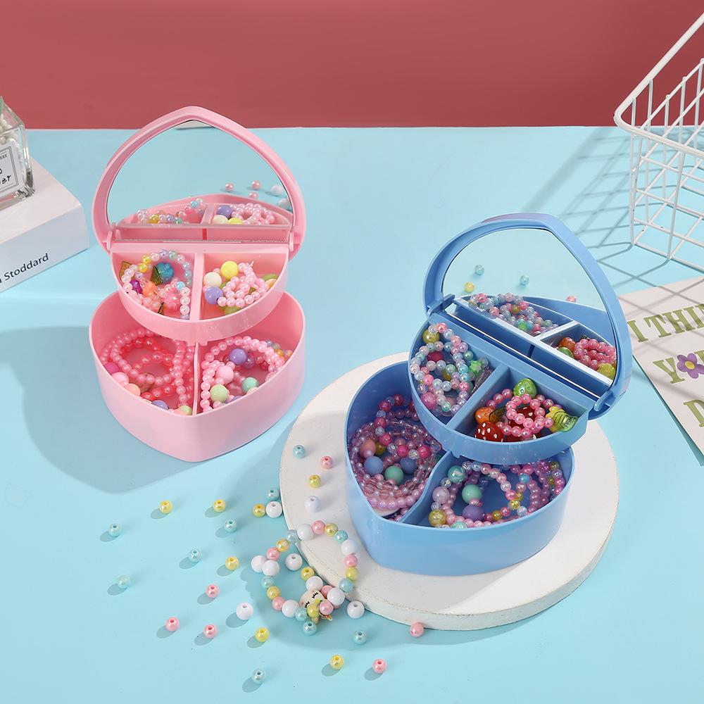 Heart-Shaped Pink Jewelry Box for Girls, Double-Layer with Mirror, Solid Color Storage for Ornaments.