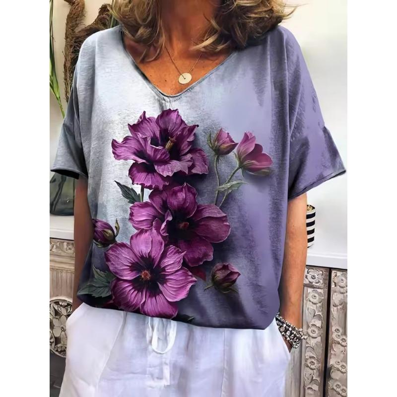 Vintage Women's T Shirts V-neck 3d Flower Print Tops Loose Short Sleeve Tees Summer Streetwear Casual Oversized Female Clothing