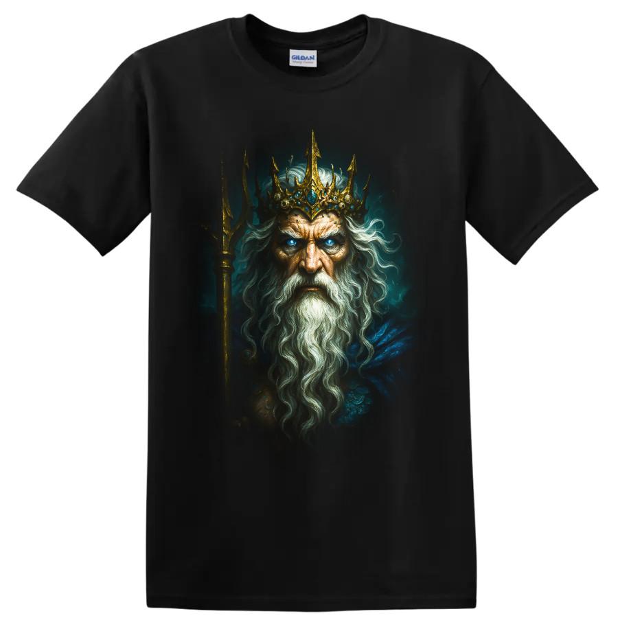 Poseidon T-Shirt Meeresgott Krone Dreizack Fantasy Blaue Augen Mythischer König Tee