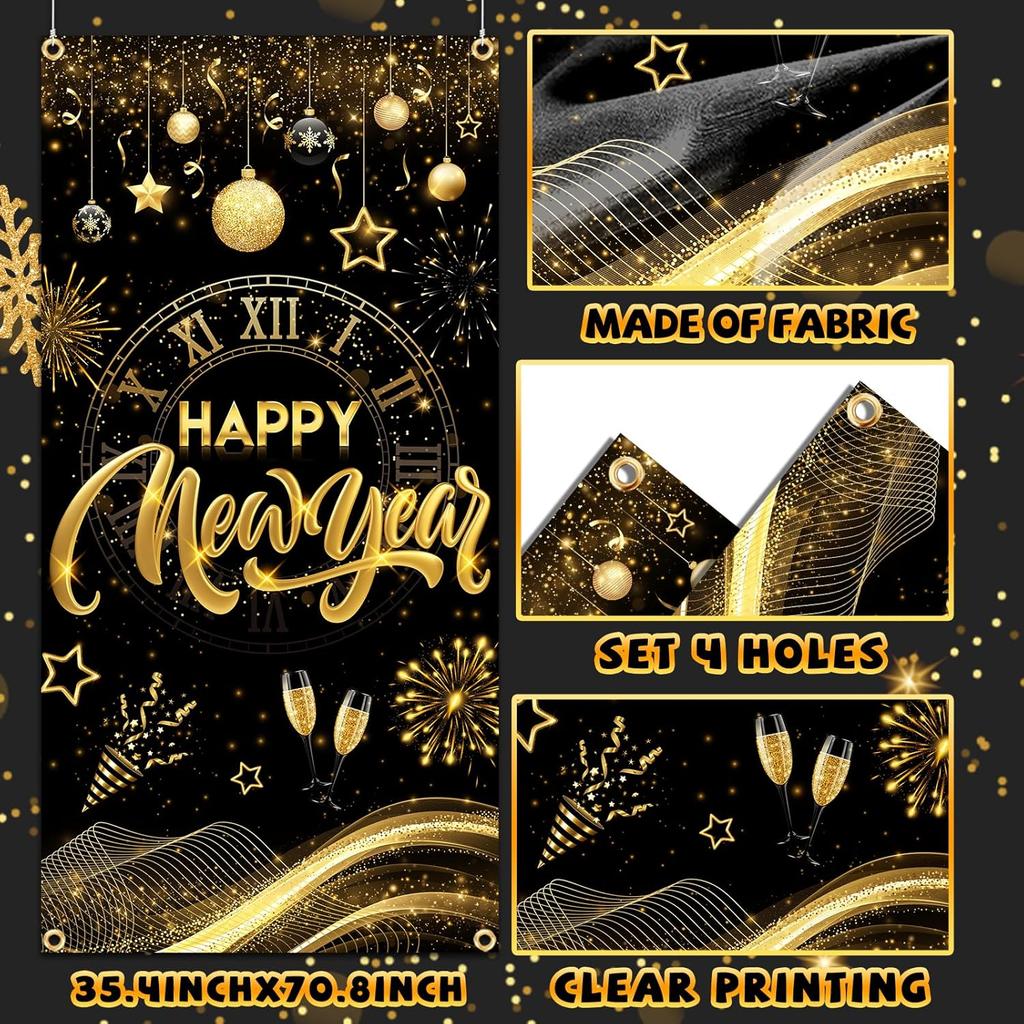 New Years Decorations 2026 Door Cover, Black and Gold Happy New Year Door Banner NYE Front Porch Hang Door Cover, NYE Door Banner for New Year Eve