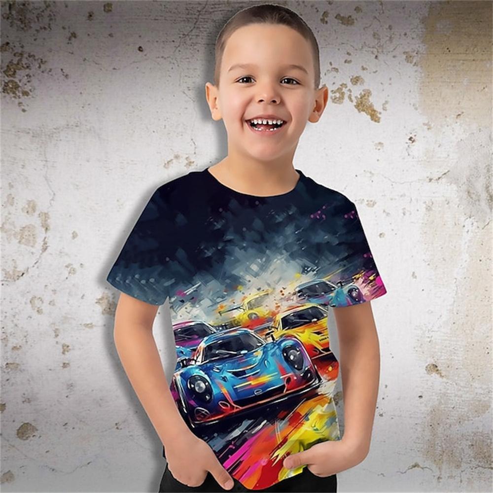 Summer Round Neck 3D Cool Racing Car Graphics Printed Top Fashionable Casual Short Sleeved Children's Boy T-shirts