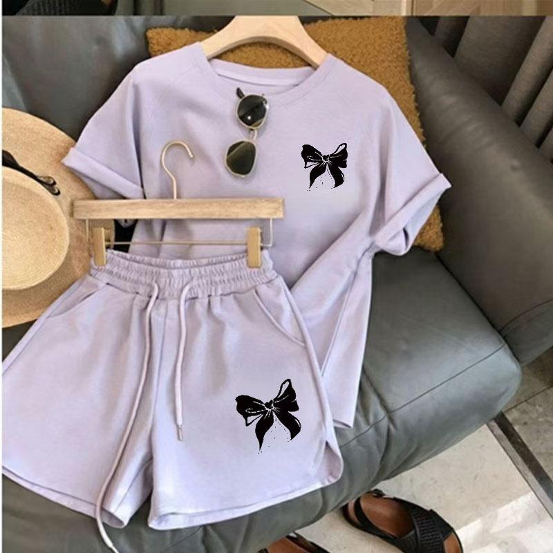 

Print Short Sleeve Shorts Casual Sports Set Women Slimming Loose Fit Korean Style Student Two Piece M