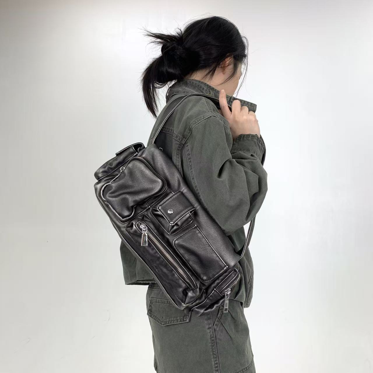 

Women S Leather Minimalist Bucket Handbag Personalized Splicing Lazy Shoulder Messenger Bag серебряный серый