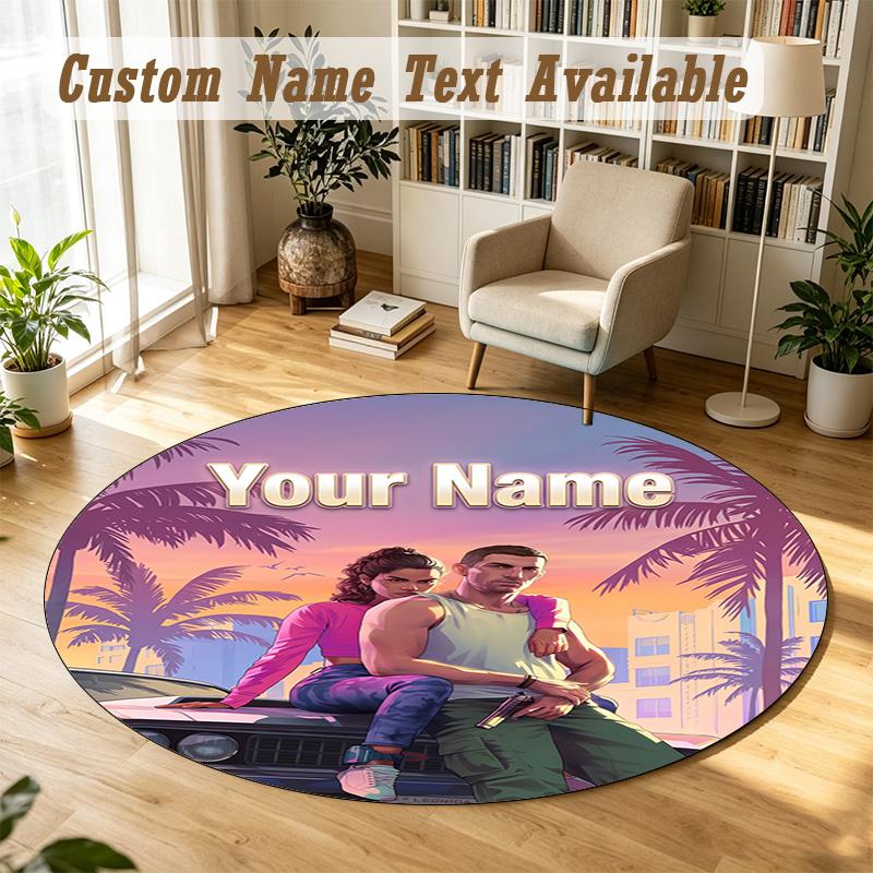 Round Rug Custom NameGTA Pattern Non Slip Carpet Home Floor Decor