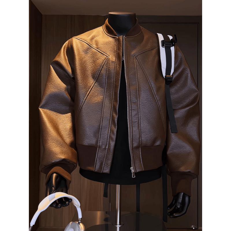 Мужская осенняя американская деконструированная бейсбольная куртка-мотоциклетная куртка из ПУ-кожи с красной подкладкой Brown Jacket Style