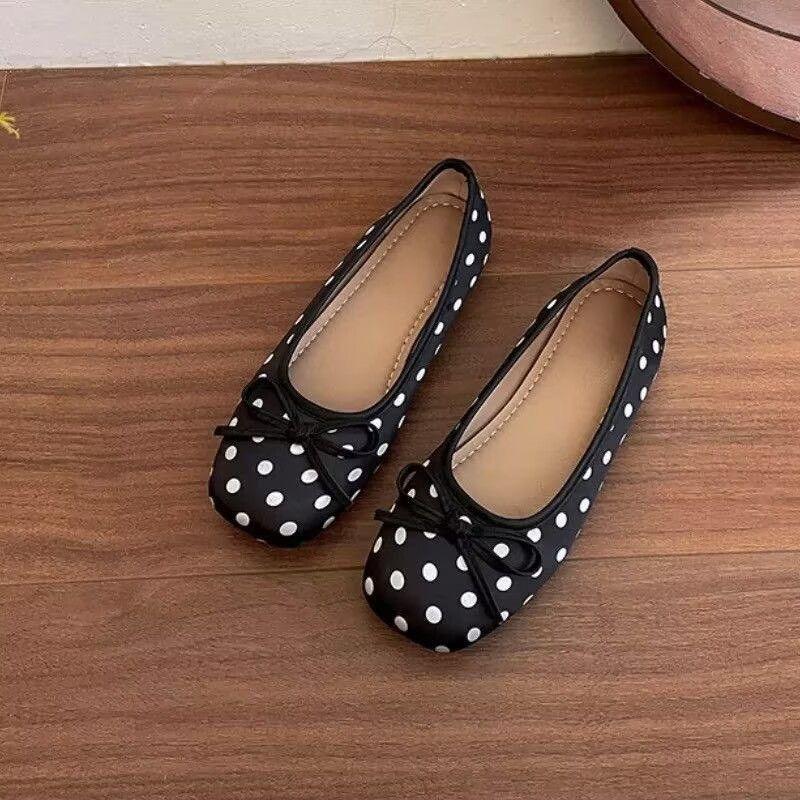 Polka Dot Bow Flat-soled Single Shoes Soft-soled Comfortable Office Workers Commuter Casual Shoes Square Head Spring and Summer Women's Shoes