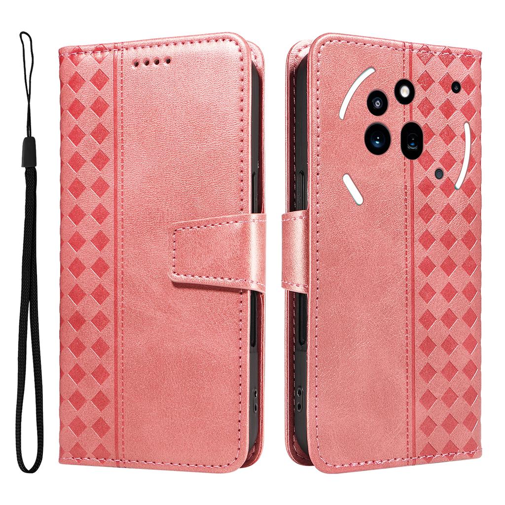 For Nothing Phone (3a) Pro Leather Case Wallet Stand Grids Imprint Phone Cover with Strap