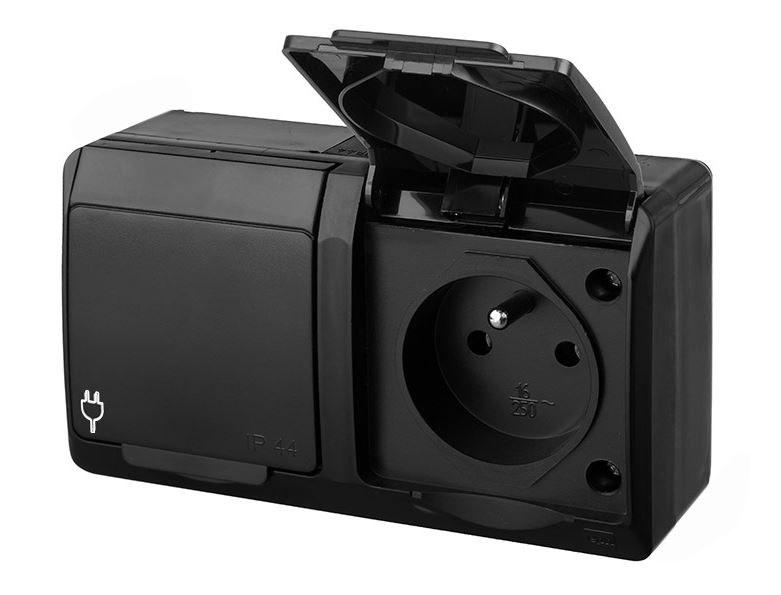 2-gang surface-mounted socket, IP44, black, HERMES