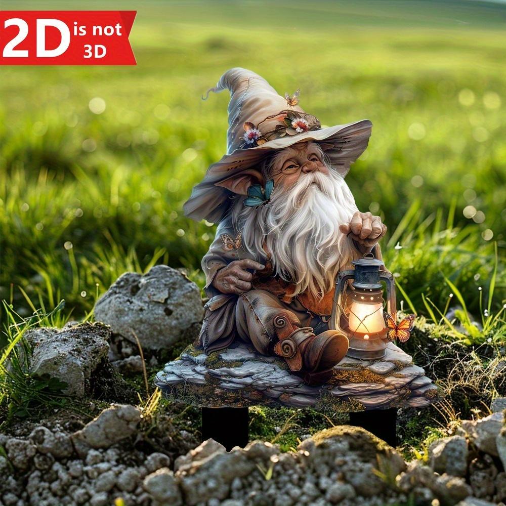 

2D Bohemian Gnome on Rock. Outdoor garden stake & flowerpot decor, adding artistic charm.