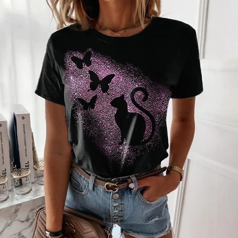 Sommer 3D-gedruckte T-Shirts Freizeit Mondlicht Kätzchen Damen Pendler Elegant V-Ausschnitt Kurzarm T-Shirts Damen