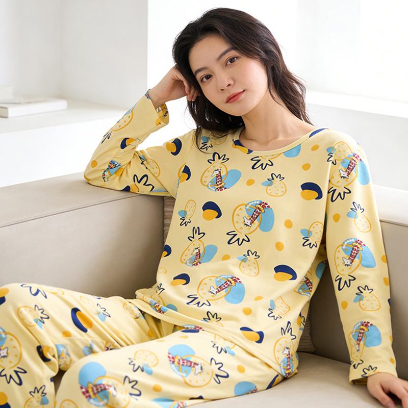 Vitality cute cartoon pineapple giraffe pajamas women's spring and autumn long-sleeved trousers age-reducing casual loungewear two-piece set