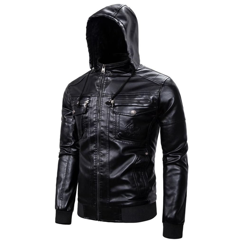 Padded Leather Jacket Men's Winter Thickening Warm Removable Cap Pu Jacket Biker Jacket