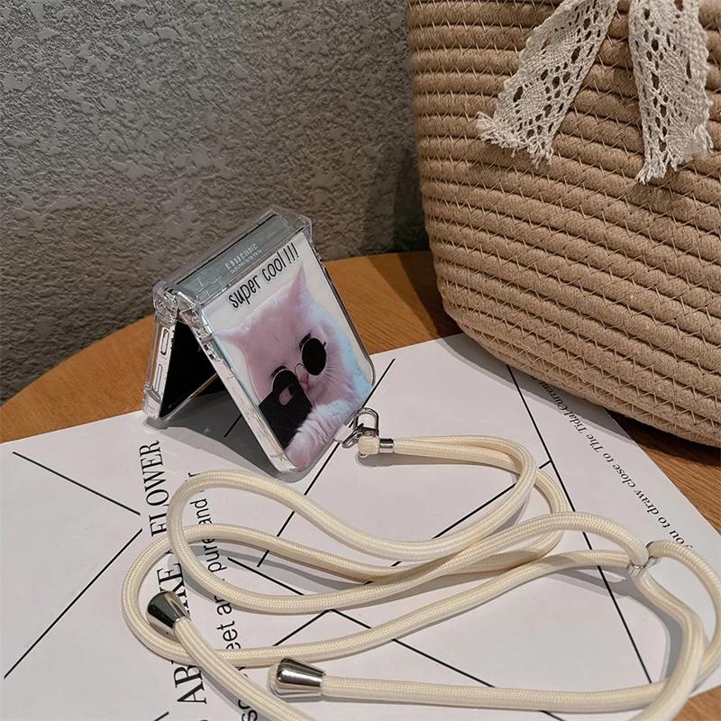 For Samsung Galaxy Z Flip 6 5 4 3 Case Z Flip5 ZFlip 5 ZFlip5 Cute Cat Long Lanyard Corssbody Hard Shockproof Cover