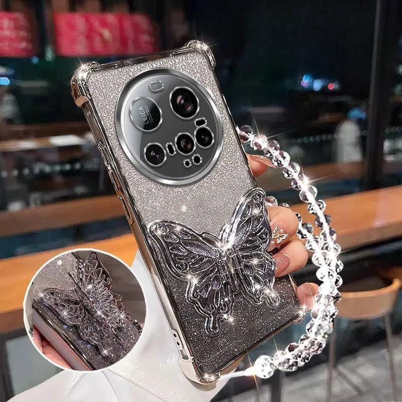 Shockproof Glitter Plating Case for Xiaomi 15 Ultra 14 14T 13 12 11 Pro Lite 3D Butterfly Phone Holder Bead bracelet Back Cover