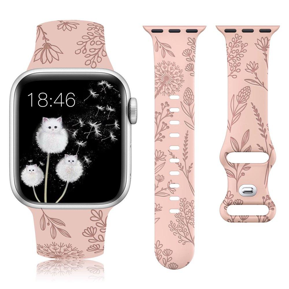 

Цветочный гравированный ремешок для Apple Watch Ultra3 49MM 38mm 40mm 46mm 44mm 45mm 42mm Цветочный силиконовый спортивный ремешок Solo Loop для iWatch 11/10/9/8/7/6/5/4/3/SE 38mm 40mm 41mm розовый