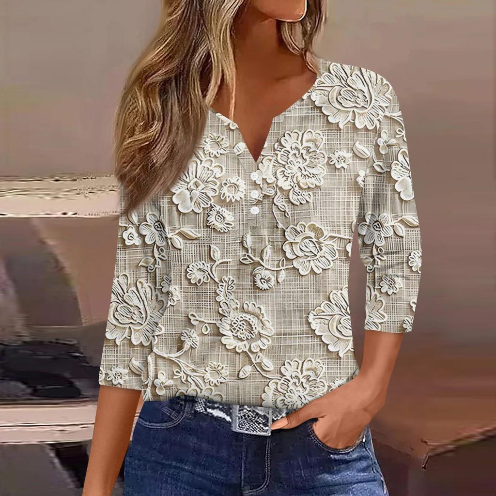 Maglietta da donna con stampa e bottoni, manica 3/4, moda da fine settimana, scollo a V, base, regolare