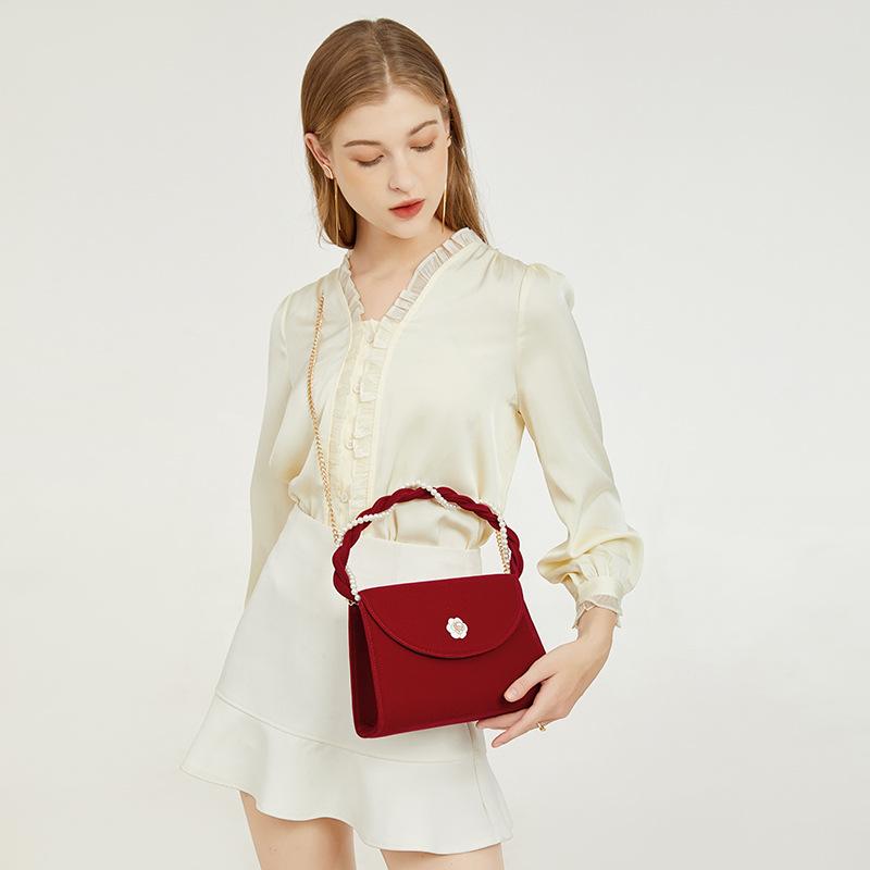 Red Wedding Bag for Women, High-end and Niche Wedding Bag, Camellia Hand-held Women's Bag, Stylish Bride Bag