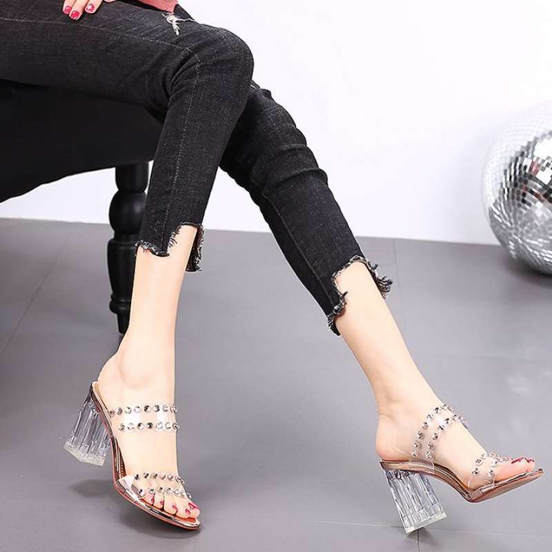 Fashion slippers 2025 new women's sandals thick heel waterproof table high heels rivets transparent heel versatile women's shoes