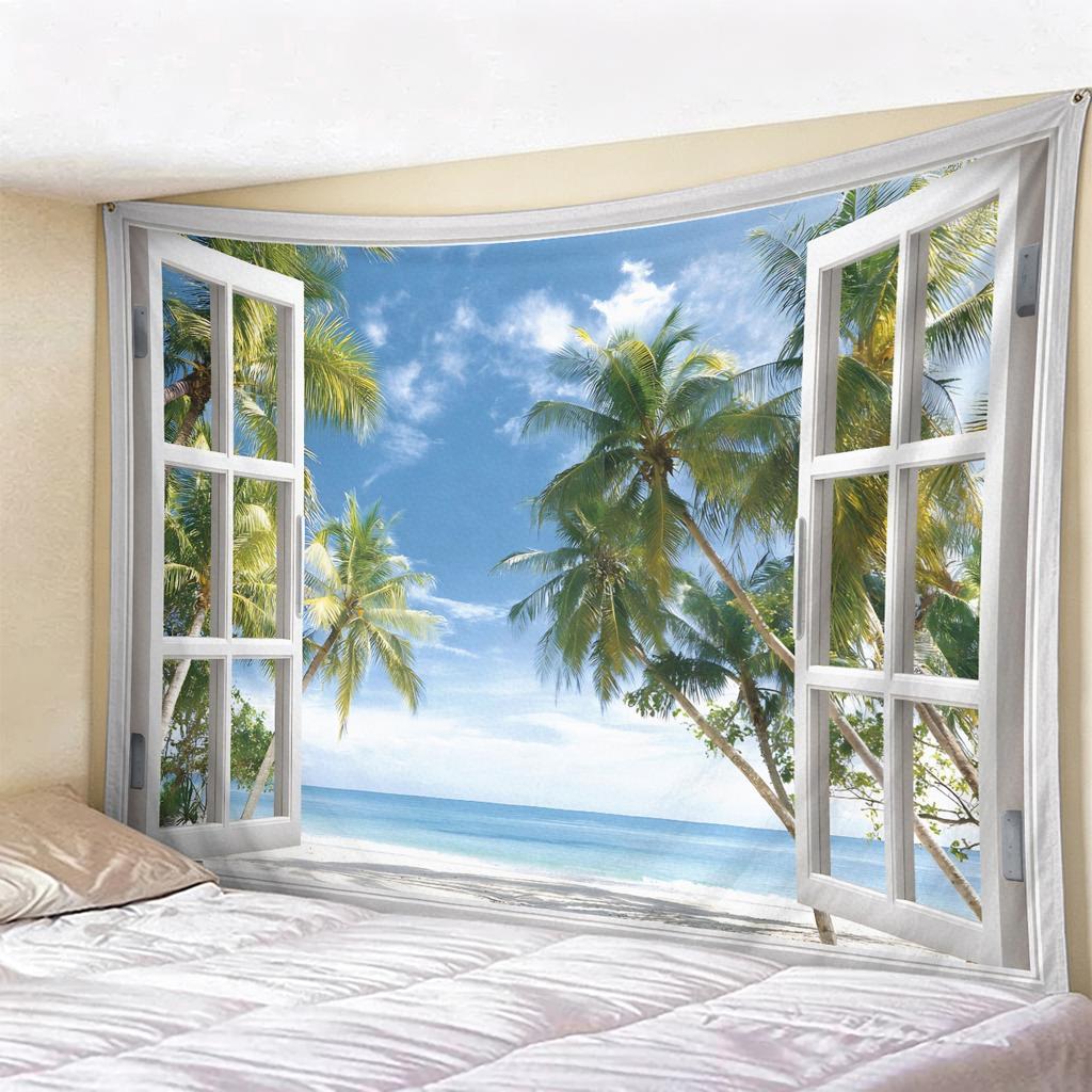 Window View Tapestry Wall Hanging, Scenic Nature Landscape Backdrop, Artificial Window Wall Decor for Bedroom Living Room