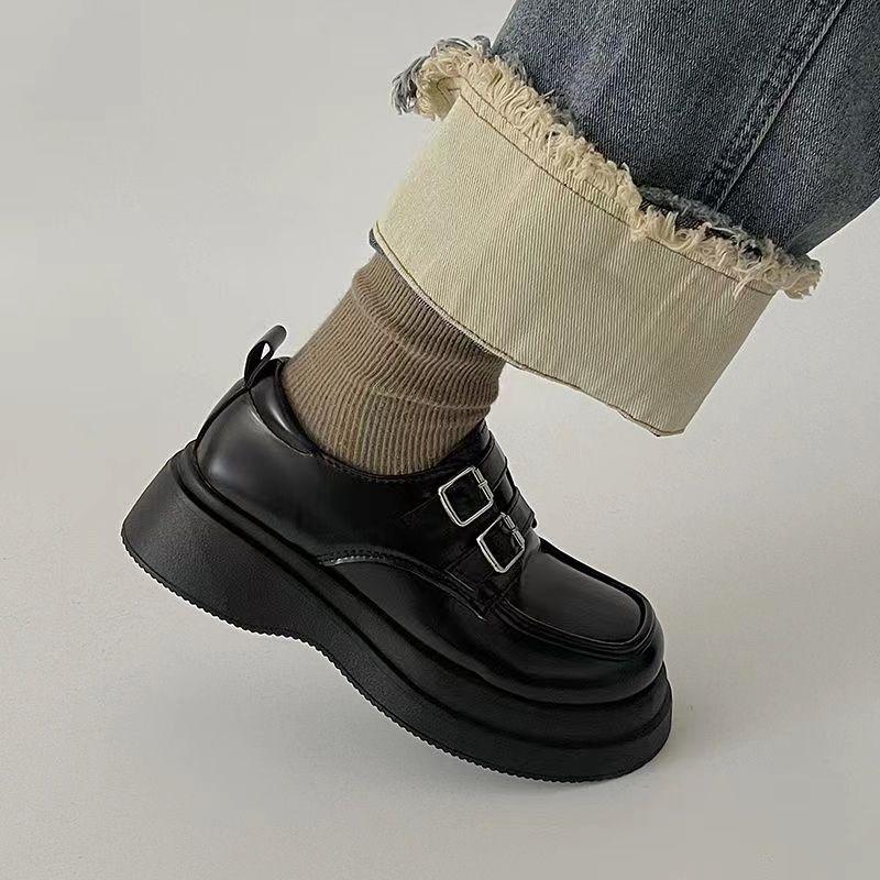 

British style small leather shoes women s 2025 new autumn Japanese jk with skirt retro belt buckle thick sole 35 чёрный
