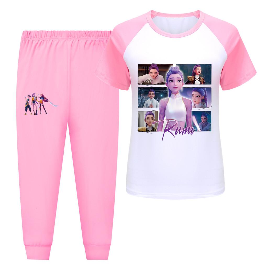 

5061 Детский Девочки Руми Зои Мира Охотники Принт Футболка Брюки Брюки Комплект Одежды 170cm розовый