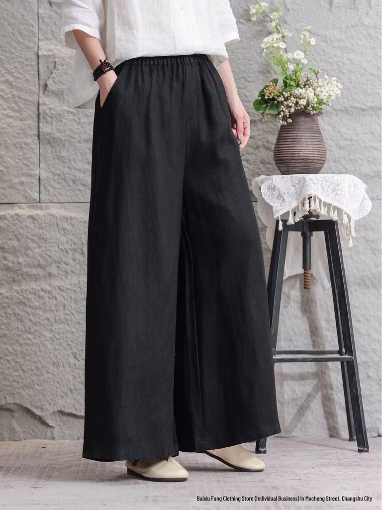 Women's 2026 Summer Linen Wide-Leg Pants: Solid Color, Loose Fit, Large Size, Casual Fashion