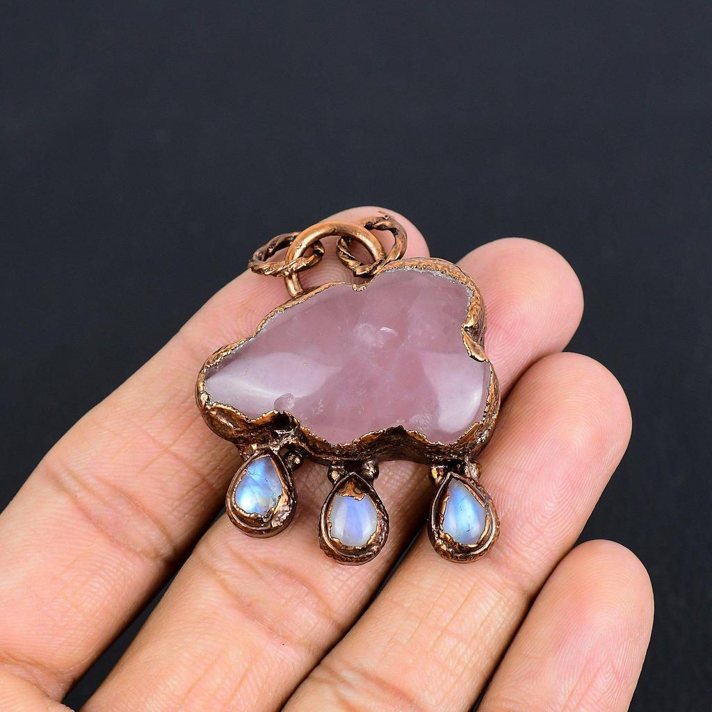 Rose Quartz Jewelry, Copper Electroformed Pendant Handmade Gemstone Jewelry, Gifts For Wife Brand New Pendant