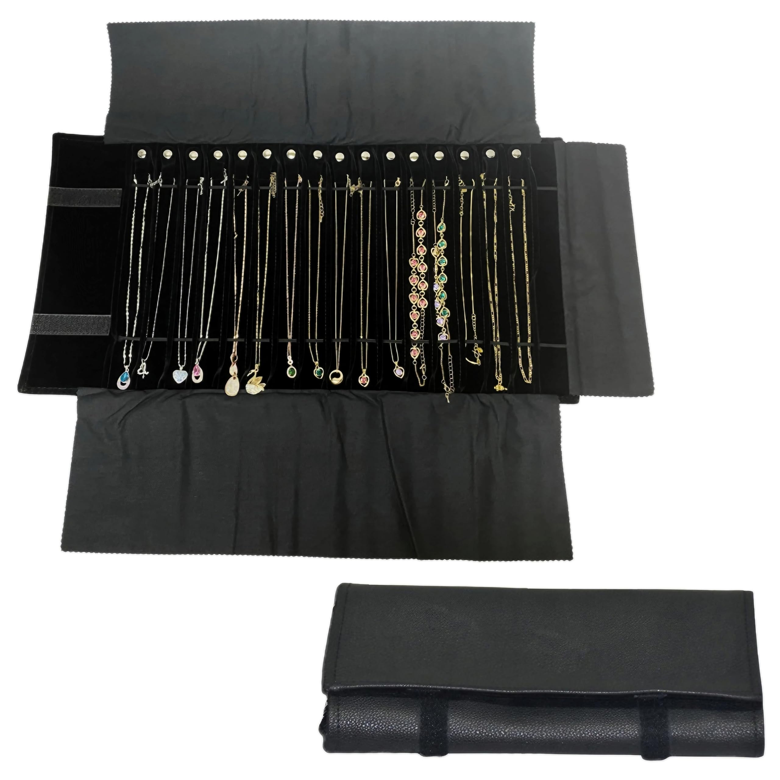

East Leaf Jewelry Roll Necklace Storage Case, Holds 16 Necklaces, Black PU Leather, Travel, Business Trip