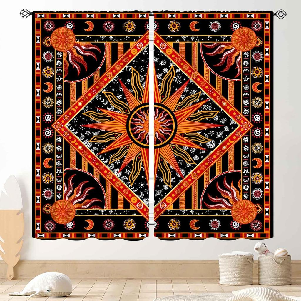 Hippie Mandala Vorhänge, Indisches Medaillon Trippy Boho Paisley Ästhetische Kunst Dekoration Bunte Orange Fensterbehandlung Für