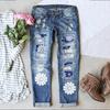 Women's Mid Rise Distressed Jeans Straight Leg Jeans Christmas Snowflake Patch Print Non Stretch Cotton Winter Street Printed Long Denim Pants