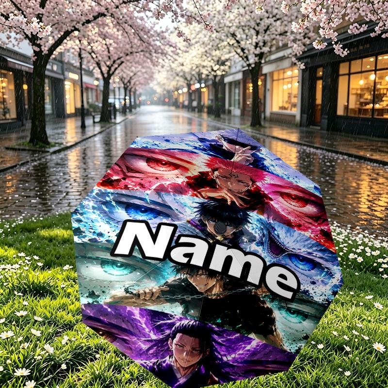 Custom Name Personalized Jujutsu Kaisen Print Umbrella, Auto Open Close, 8‑Rib Sturdy Frame, Commute Camping Hiking Use, Birthday Gift