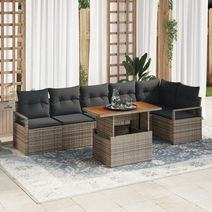 Canapé de jardin 7 pièces avec coussins gris poly rattan, Canapé 2 places avec coussins gris poly rattan 3349719