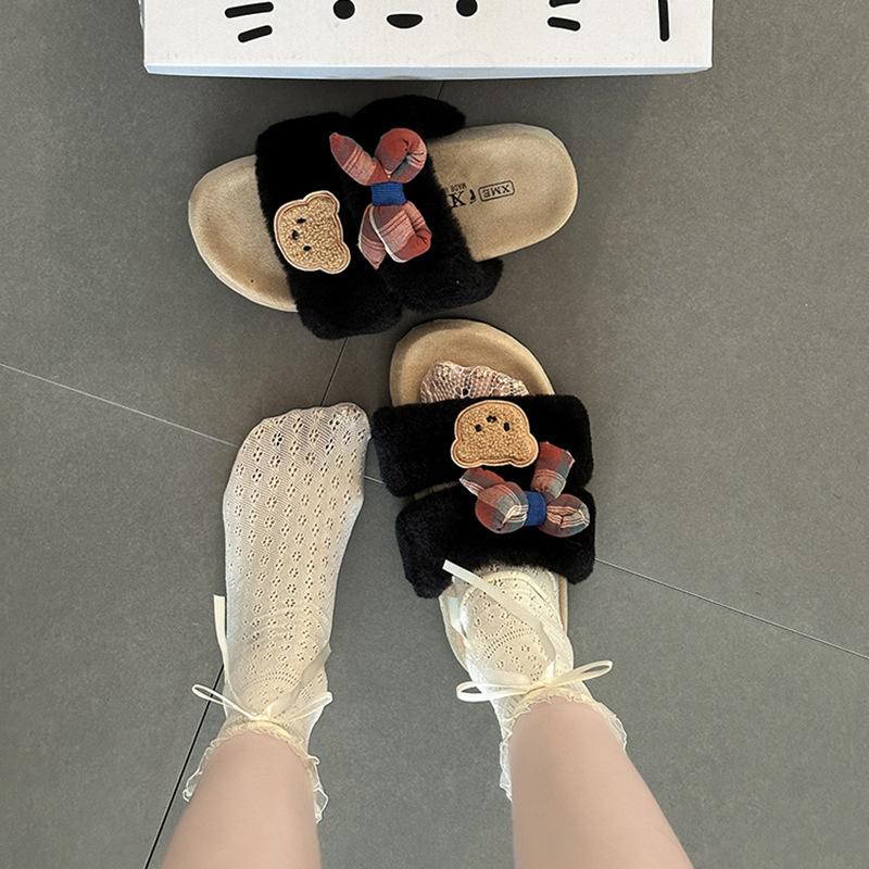 Cartoon Bear Cute Bedroom Ins Wind 2025 Autumn and Winter Bow Warm Cotton Slippers Women's Fluffy Slippers