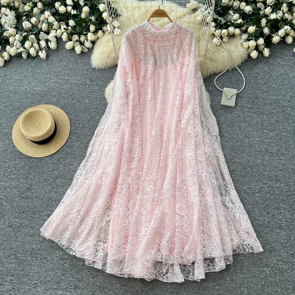 Nuovi Completi Vestito in Pizzo Ricamato con Perline e Paillettes Autunnali per Donna Autunno Vintage Manica a Mantella Collo Tondo Lungo Maxi Abito Robe Musulmane