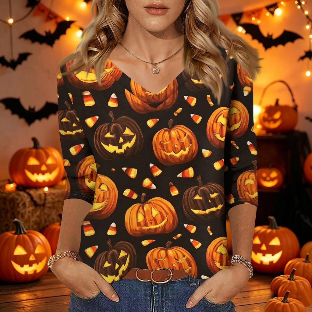 Damen Halloween Print V-Ausschnitt 3/4 Ärmel Lässiges Oberteil Leichter Weicher Stoff Lockere Passform Pulloverhemd für Saisonale Kleidung