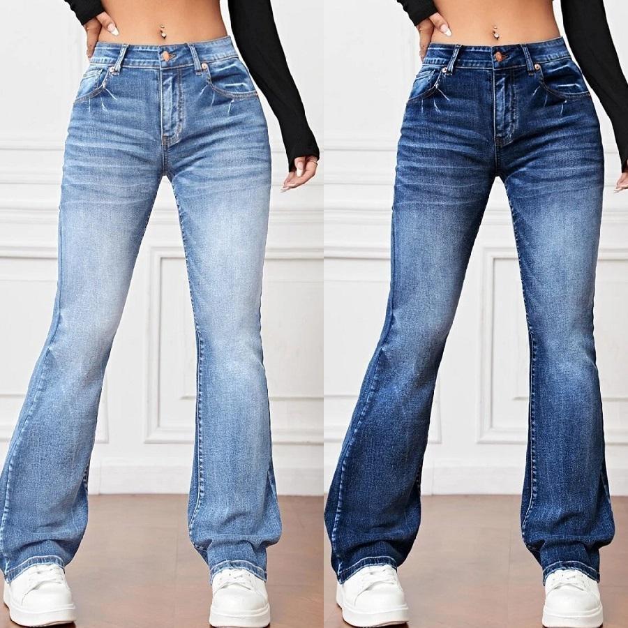 Mulheres comprimento total estiramento jeans calças de cintura alta calças retas senhoras casual longo jean pant