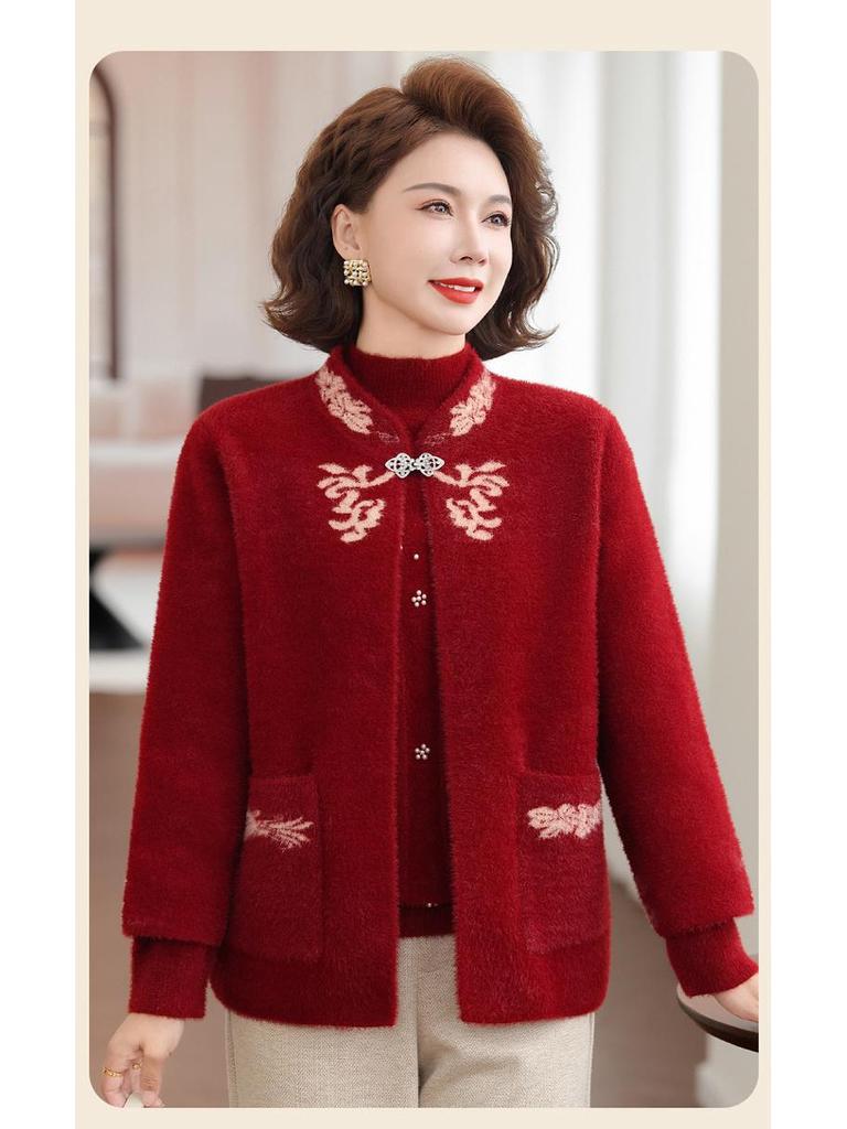 Women's Velvet Thick Coat with Half-high Collar, Winter Knit Two-piece Set for Middle-aged and Elderly Mothers