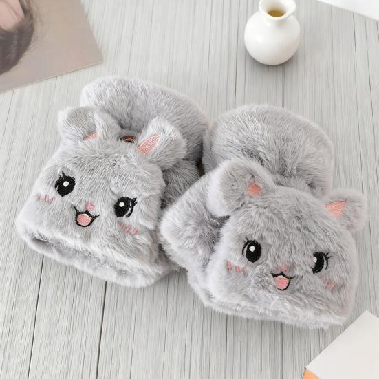 1 Pair Women Plush Rabbit Fingerless Gloves Warm Thick Winter Convertible Flip Top Cartoon Bunny Gloves Outdoor Cold Weather Half Finger Mittens