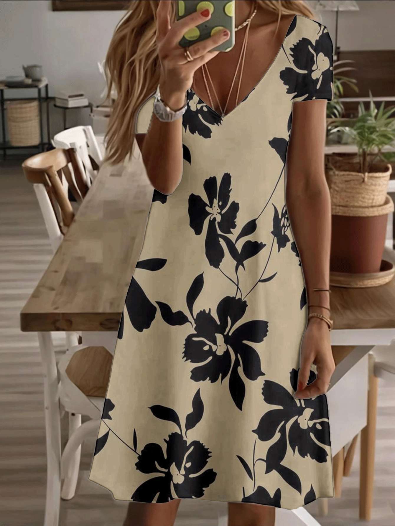 

Vneck shortsleeve midi dress floral women summer outfit black white flower print 3D premium printing durable casual fashion elegant comfortable beach L дубильна кора