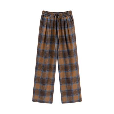 Kawawełniane Spodnie w Kratę dla Kobiet Proste Spodnie na Jesień i Zimę Nowe Luźne Retro Casualowe Spodnie Wyszczuplające Plus Aksamit Szerokie Spodnie