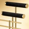 Tabletop Jewelry Display Stand Black Fabric Gold-Tone Holder with Necklace Bracelet Bars, Earring Rails, Ring Tray Base for Vanity Storage