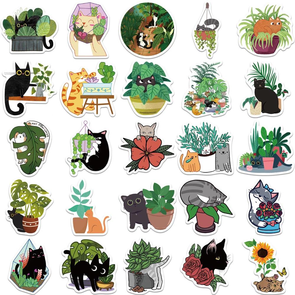 50Pcs Creative Plant And Cat Stickers Cartoon Pvc Decal Funny Diy Toy Decoration Phone Suitcase Laptop Fridge Cute Sticker