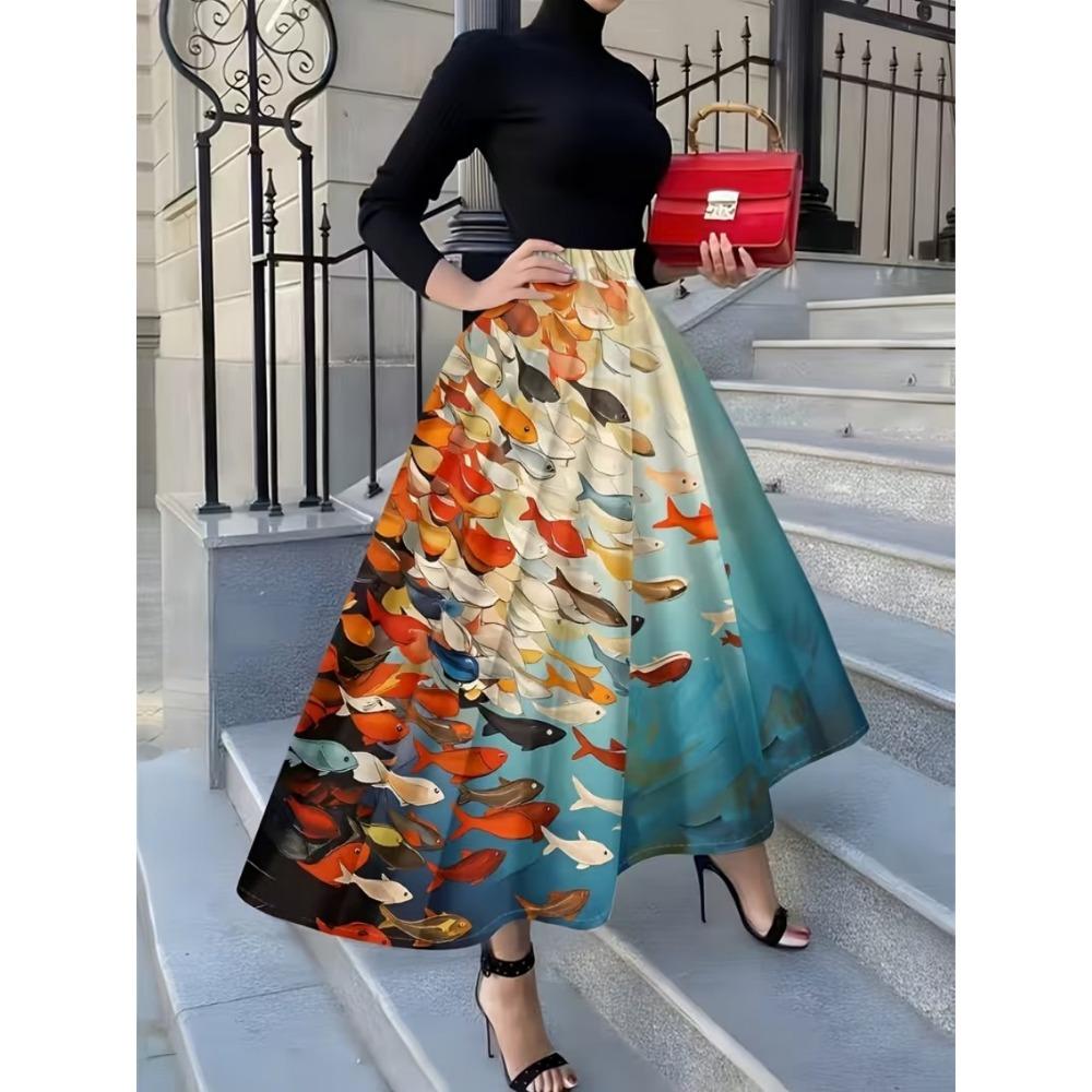 Vacation Style Green and White Abstract Print Midi Skirt for Women Summer Casual High Waist A Line Skirt Trendy Fashion Skirt