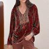 Women Blouse Vintage Print V Neck Long Sleeve Elastic Cuff Streetwear Spring Autumn Loose Velvet T-shirt Pullover Women Clothes