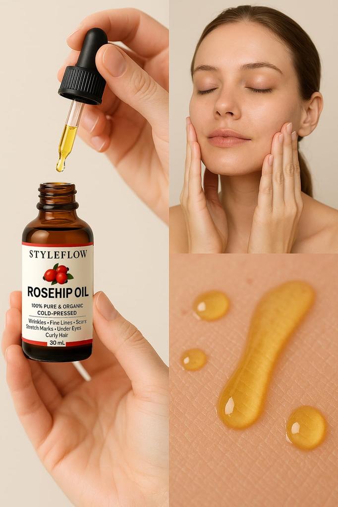 STYLEFLOW Rosehip Oil, 100% Pure Organic Cold-Pressed, for Wrinkles, Fine Lines, Scars, Stretch Marks, Under Eye and Curly Hair, 30ml (., Pack of 3)